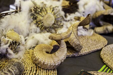 Medieval horns prepared and decorated, ancient viking traditionの写真素材