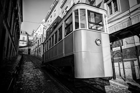 Ancient and Old Lisbon tram, detail of an ancient means of transportation around the city, monument of Lisbonのeditorial素材