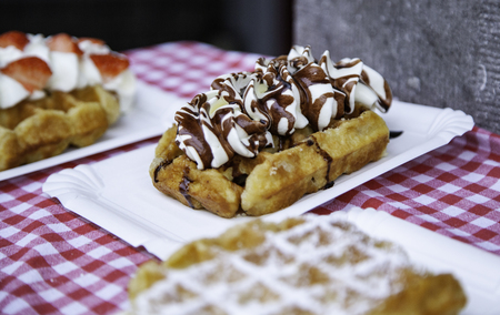 Typical waffles Belgian artisans, artisan dessert detailの写真素材