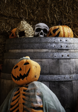 Scary pumpkins for Halloween night, detail of terror and fearの写真素材