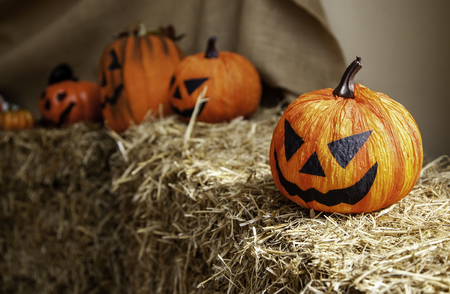 Scary pumpkins for Halloween night, detail of terror and fearの写真素材