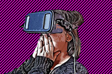 Woman with virtual reality glasses playing, technology and entertainment
