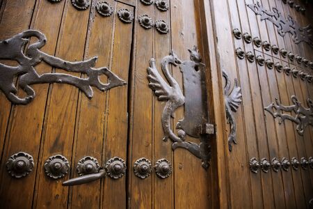 Medieval wooden door, decoration and protection detail, wood artの写真素材