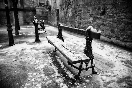City detail on a winter day, snow and iceの写真素材