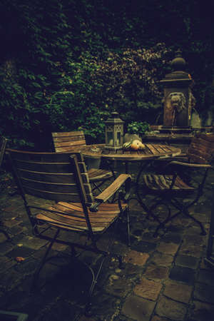 Garden table with pumpkins, decorated terrace detail of halloweenの写真素材