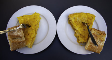 Detail of typical Spanish lunch, food with potatoes and eggsの写真素材