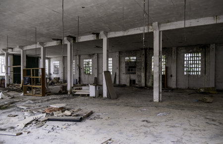 Detail of the interior of an old factory in ruins and abandonmentの写真素材