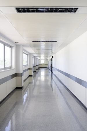 Detail of long hospital corridor, hygiene and sanitationの写真素材