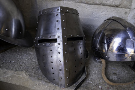 Detail of a medieval protective helmetの写真素材