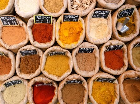 colorful spices in cloth bags to afieraの写真素材