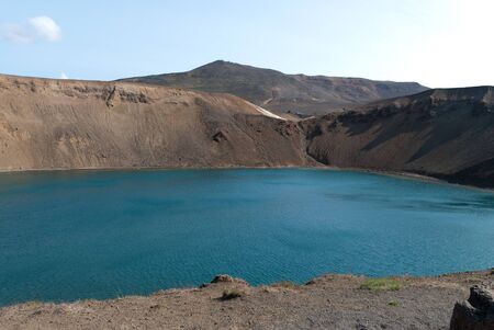 viti crater lake near the volcano krafla in icelandの写真素材