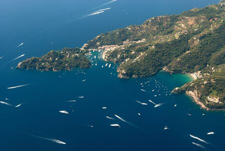 portofino and yacht seen from the planeの写真素材