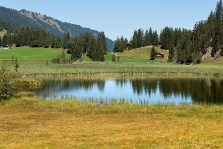 mountain landscape on the Lac de Lauenen in switzerlandの写真素材