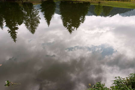trees and sky reflected on Lac Des Joncs in Switzerlandの写真素材