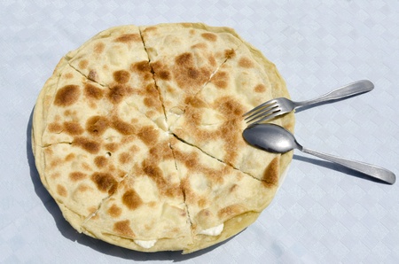 focaccia with cheese baked in a wood ovenの写真素材