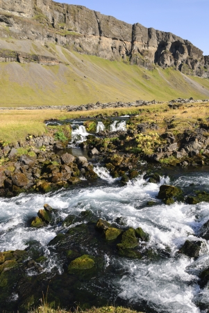 waterfalls and rapids in a river in Vik in Icelandの写真素材