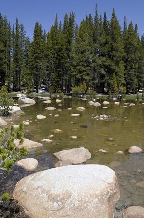 lake with smooth rocks on Tioga Pass in Yesemite National Park in California in the United States of Americaの写真素材