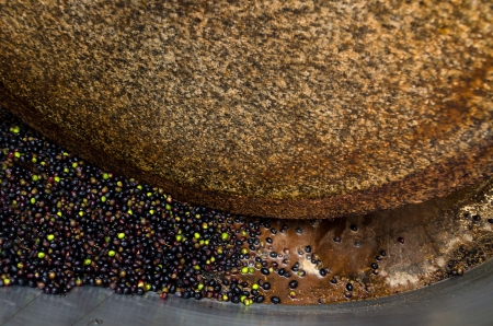 granite millstone while crushing the olives to make olive oilの写真素材