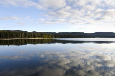 Sunrise on Yellowstone Lake in Yellowstone National Park in Wyomingの写真素材