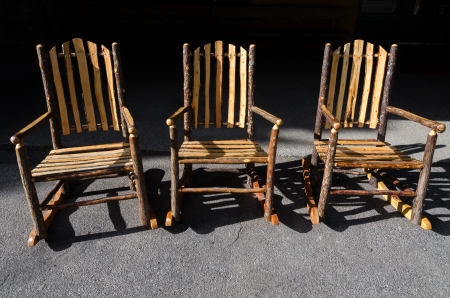 three chairs built with logs and branches to Yellowstone in Wyomingの写真素材