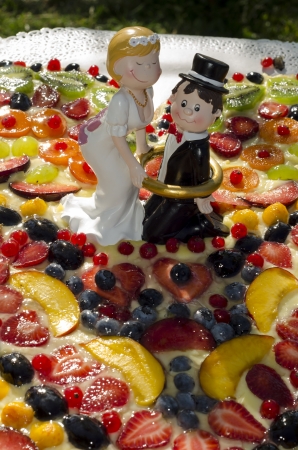 bride and groom on a fruit cakeの写真素材