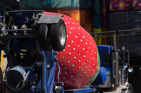 concrete mixer truck decorated as a strawberry in Vancouverのeditorial素材