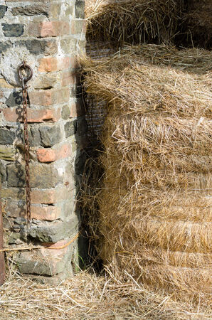 bales of hay in a barn brickの写真素材