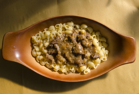 pasta with deer sauce in a dish of baked earthの写真素材