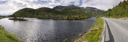 Panoramic view of the coast and the islands at Svolvaer in the Lofoten in Norwayの写真素材