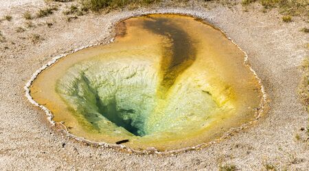 Geyser and hot spring in the old faithful basin in Yellowstone National Park in Wyomingの写真素材