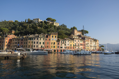 landscapes, houses and villas seen during a boat trip on the coast of Portofino in Genoa in Italyのeditorial素材