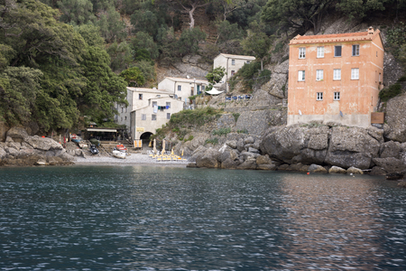 landscapes, houses and villas seen during a boat trip on the coast of Portofino in Genoa in Italyのeditorial素材