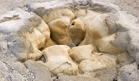 Geyser and hot spring in the old faithful basin in Yellowstone National Park in Wyomingの写真素材