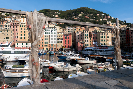 fishing nets under the sun in the village of Camogli in Liguriaのeditorial素材