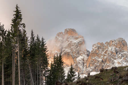sunset on Carezza Lake in Trentino Alto Adige in Italyの写真素材