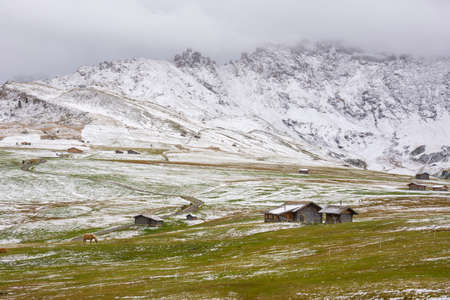 first snow on landscape in Siusi Alps in Trentino Alto Adige in Italyの写真素材