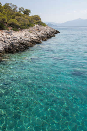 transparent sea on a boat trip in Aegina Greeceの写真素材