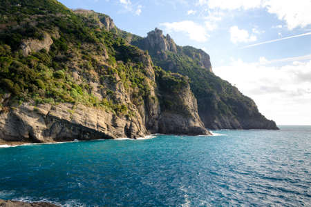 Punta Chiappa, stretch of coast on the Portofino promontory in Genoa in Liguriaの写真素材