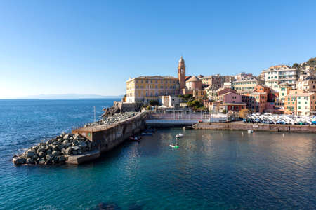 sunset on the sea promenade in Genoa Nervi in Liguriaの写真素材