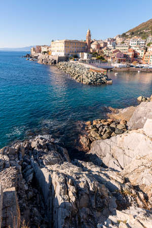 sunset on the sea promenade in Genoa Nervi in Liguriaの写真素材