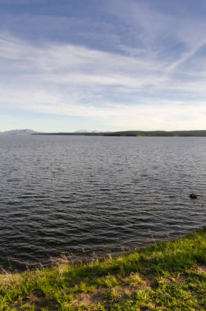sunrise in Yellowstone lake in Yellowstone National Park in Wyomingの写真素材