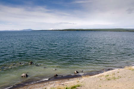 sunrise in Yellowstone lake in Yellowstone National Park in Wyomingの写真素材
