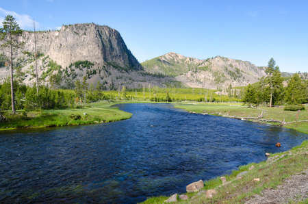 trees, river, Geyser and hot spring in old faithful basin in Yellowstone National Park in Wyomingの写真素材