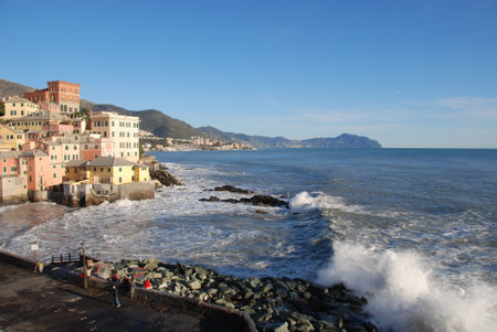 seascape on the coast of Boccadasse in Genoa in Liguriaの写真素材