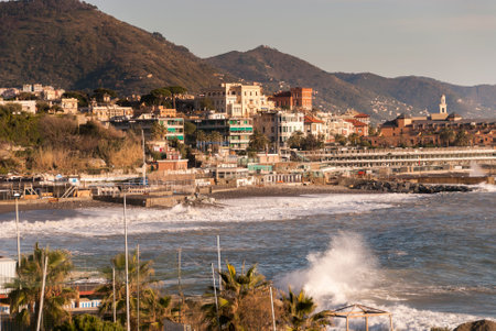 seascape on the coast of Boccadasse in Genoa in Liguriaの写真素材