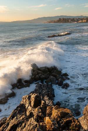 storm surge at sunset in Genoa in Liguria, Italyの写真素材
