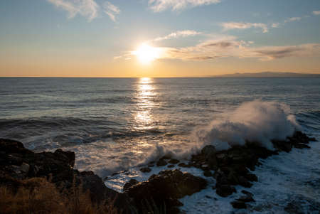 storm surge at sunset in Genoa in Liguria, Italyの写真素材