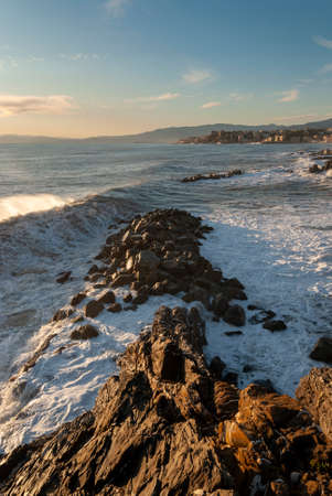 storm surge at sunset in Genoa in Liguria, Italyの写真素材