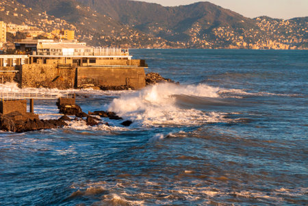 storm surge at sunset in Genoa in Liguria, Italyの写真素材