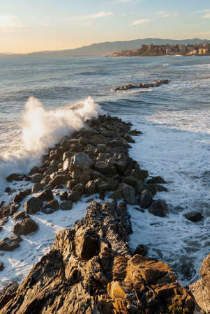 storm surge at sunset in Genoa in Liguria, Italyの写真素材
